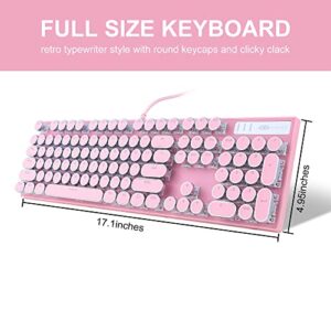 Camiysn Typewriter Style Mechanical Gaming Keyboard, Pink Retro Punk Gaming Keyboard with White Backlit, 104 Keys Blue Switch Wired Cute Keyboard, Round Keycaps for Windows/Mac/PC