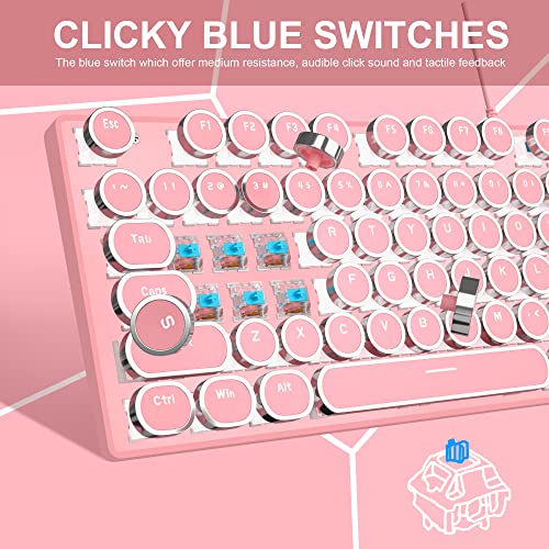 Camiysn Typewriter Style Mechanical Gaming Keyboard, Pink Retro Punk Gaming Keyboard with White Backlit, 104 Keys Blue Switch Wired Cute Keyboard, Round Keycaps for Windows/Mac/PC