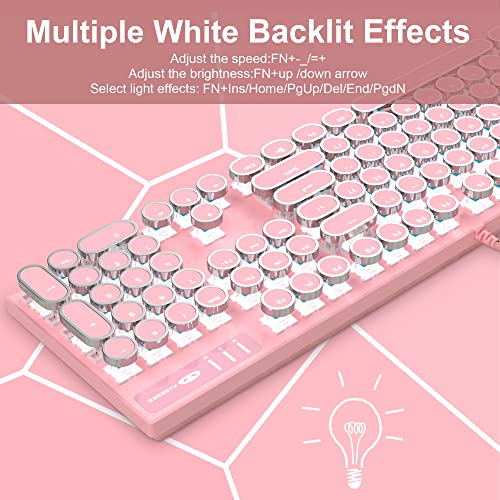 Camiysn Typewriter Style Mechanical Gaming Keyboard, Pink Retro Punk Gaming Keyboard with White Backlit, 104 Keys Blue Switch Wired Cute Keyboard, Round Keycaps for Windows/Mac/PC