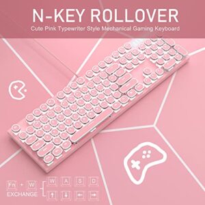 Camiysn Typewriter Style Mechanical Gaming Keyboard, Pink Retro Punk Gaming Keyboard with White Backlit, 104 Keys Blue Switch Wired Cute Keyboard, Round Keycaps for Windows/Mac/PC