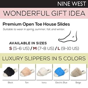 NINE WEST Women's Open Toe Fuzzy Slippers Cozy Sherpa Memory Foam Sole House Slides, Ivory, Medium, Size 7-8