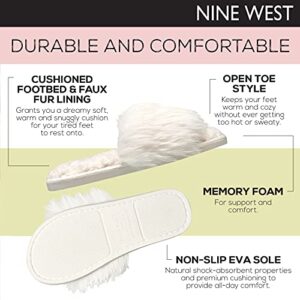 NINE WEST Women's Open Toe Fuzzy Slippers Cozy Sherpa Memory Foam Sole House Slides, Ivory, Medium, Size 7-8