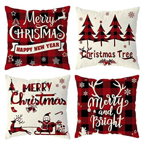 Christmas Decorations Pillow Covers 18x18 Set of 4 Red Black Buffalo Check Plaid Pillow Cases Christmas Decor Pillow Covers for Sofa Couch Christmas Decorations Clearance Indoor Outdoor Farmhouse