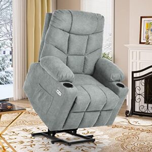 yitahome electric power lift recliner chair for elderly, fabric recliner chair with massage and heat, spacious seat, usb ports, cup holders, side pockets, remote control (grey)