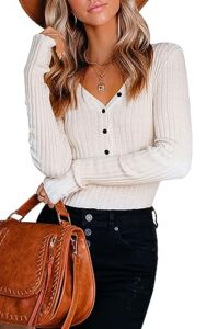 prettygarden women long sleeve tops - sexy v neck button slim fitted ribbed henley shirts (white, x-large)