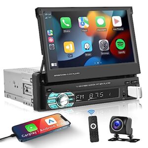 podofo single din apple carplay car stereo with bluetooth ahd backup camera, 7” flip out touch screen car radio mp5 player support android auto, mirror link, usb, tf, fm radio, aux-in, swc