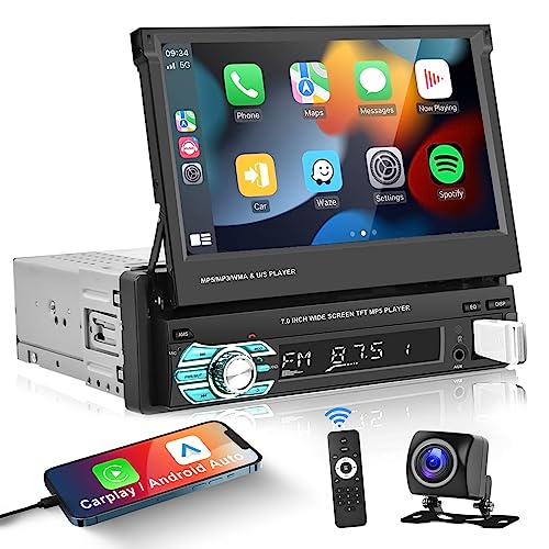 Podofo Single Din Apple Carplay Car Stereo with Bluetooth AHD Backup Camera, 7” flip Out Touch Screen Car Radio MP5 Player Support Android Auto, Mirror Link, USB, TF, FM Radio, Aux-in, SWC