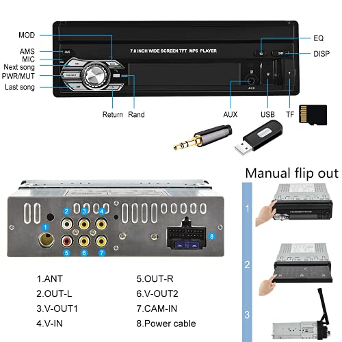 Podofo Single Din Apple Carplay Car Stereo with Bluetooth AHD Backup Camera, 7” flip Out Touch Screen Car Radio MP5 Player Support Android Auto, Mirror Link, USB, TF, FM Radio, Aux-in, SWC