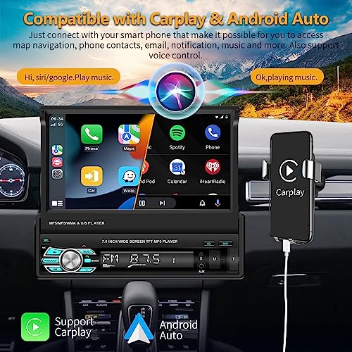 Podofo Single Din Apple Carplay Car Stereo with Bluetooth AHD Backup Camera, 7” flip Out Touch Screen Car Radio MP5 Player Support Android Auto, Mirror Link, USB, TF, FM Radio, Aux-in, SWC