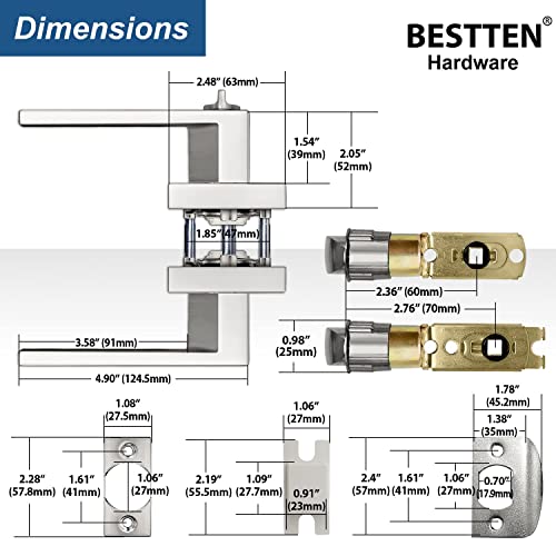 BESTTEN Satin Nickel Entry Door Lever, Heavy Duty Square Entrance Door Handle, Exterior Door Lock for Front Door