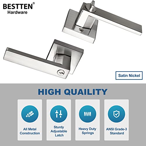 BESTTEN Satin Nickel Entry Door Lever, Heavy Duty Square Entrance Door Handle, Exterior Door Lock for Front Door