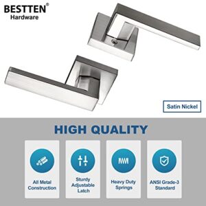 BESTTEN Satin Nickel Passage Door Lever with Removable Latch Plate, Monaco Series All Metal Square Non-Locking Interior Door Handle Set for Hallway and Closet, Modern Style
