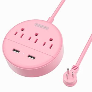 rose pink power strip with usb, ntonpower flat plug extension cord nightst&desktop charging station with 3 outlet &2 usb, wall mount, small size for dorm room home office travel, ,'5 ft cord