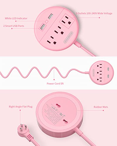 Rose Pink Power Strip with USB, NTONPOWER Flat Plug Extension Cord Nightst&Desktop Charging Station with 3 Outlet &2 USB, Wall Mount, Small Size for Dorm Room Home Office Travel, ,'5 FT Cord