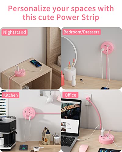 Rose Pink Power Strip with USB, NTONPOWER Flat Plug Extension Cord Nightst&Desktop Charging Station with 3 Outlet &2 USB, Wall Mount, Small Size for Dorm Room Home Office Travel, ,'5 FT Cord