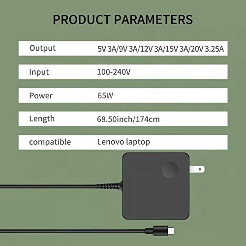 Laptop Charger 65W USB C Black for Lenovo Yoga C940 C740 C930 Power Adapter for ThinkPad X1 Carbon T470s T480，AC Laptop Adapter Fit for Lenovo 100e 300e 500e Chromebook c340 s330 s340 Yoga ThinkPad