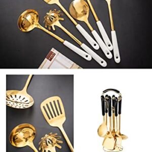 AQUAX Stainless Steel kitchenware seven Pieces Set (White Gold).Cooking Utensils 7 pcs with hanging shelf .Include Slotted Large Spoon, Soup Ladle, Spatula, Pasta spoon.