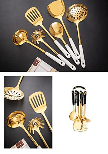 AQUAX Stainless Steel kitchenware seven Pieces Set (White Gold).Cooking Utensils 7 pcs with hanging shelf .Include Slotted Large Spoon, Soup Ladle, Spatula, Pasta spoon.