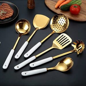 AQUAX Stainless Steel kitchenware seven Pieces Set (White Gold).Cooking Utensils 7 pcs with hanging shelf .Include Slotted Large Spoon, Soup Ladle, Spatula, Pasta spoon.