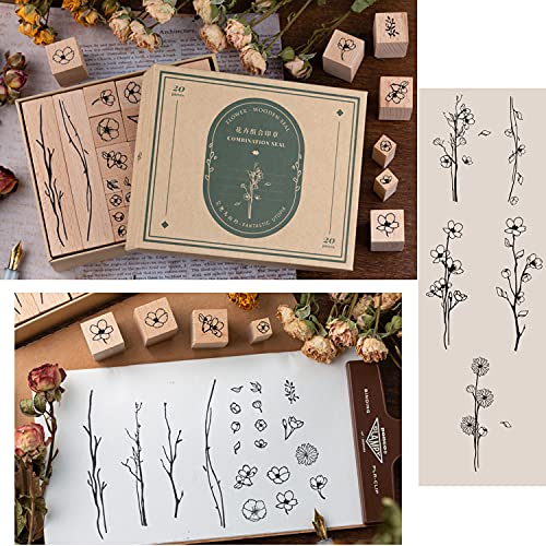 Huralona Wooden Rubber Stamps Set Vintage Decorative Mounted Rubber Stamp Plant Flower Animal Pattern DIY Wood Rubber Stamp for Journaling Craft Scrapbooking Diary (Branches & Leaves)