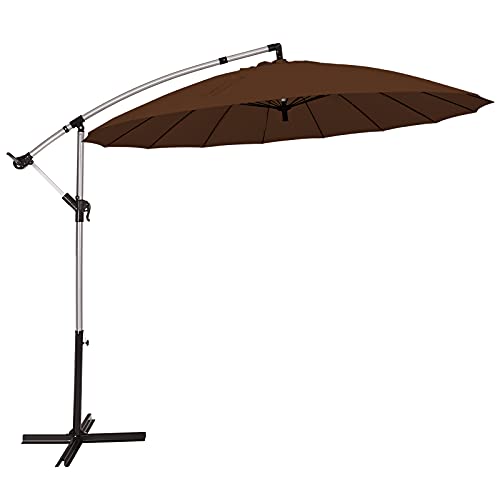 TANGKULA 10 FT Patio Offset Umbrella, Outdoor Cantilever Umbrella with Easy Tilt Adjustment, 16 Sturdy Ribs, Crank and Cross Base, Market Hanging Umbrella for Backyard, Poolside, Lawn, Garden (Tan)