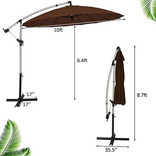 TANGKULA 10 FT Patio Offset Umbrella, Outdoor Cantilever Umbrella with Easy Tilt Adjustment, 16 Sturdy Ribs, Crank and Cross Base, Market Hanging Umbrella for Backyard, Poolside, Lawn, Garden (Tan)