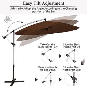 TANGKULA 10 FT Patio Offset Umbrella, Outdoor Cantilever Umbrella with Easy Tilt Adjustment, 16 Sturdy Ribs, Crank and Cross Base, Market Hanging Umbrella for Backyard, Poolside, Lawn, Garden (Tan)