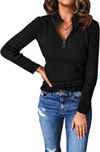 prettygarden fall quarter zip pullover sweaters for women 2023 long sleeve collared fitted ribbed knit tops (black, large)
