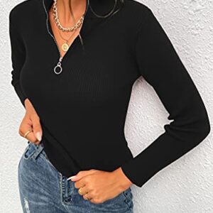 PRETTYGARDEN Fall Quarter Zip Pullover Sweaters for Women 2023 Long Sleeve Collared Fitted Ribbed Knit Tops (Black, Large)