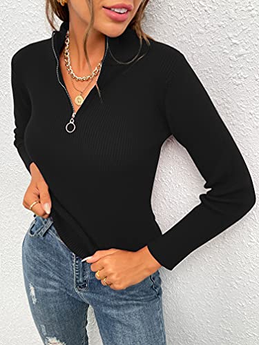 PRETTYGARDEN Fall Quarter Zip Pullover Sweaters for Women 2023 Long Sleeve Collared Fitted Ribbed Knit Tops (Black, Large)