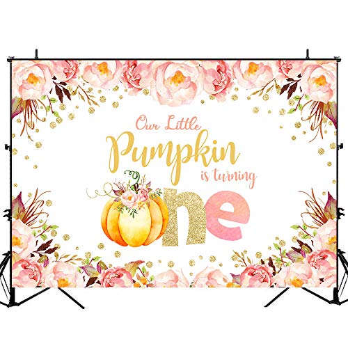 Avezano Pumpkin 1st Birthday Backdrop Floral Litttle Pumpkin First Birthday Background Fall Autumn Girl Pink and Gold Dots Pumpkin Birthday Background (8x6)