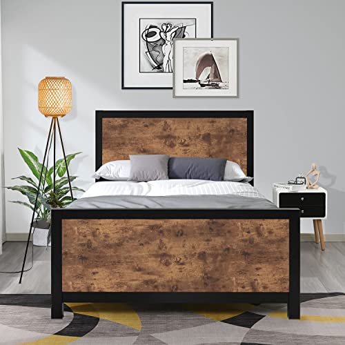 Catrimown Twin Size Metal Bed Frame with Rustic Brown Wooden Headboard，Mattress Foundation，Large Under Bed Storage，Metal Slat Support，No Box Spring Needed,Easy Assembly