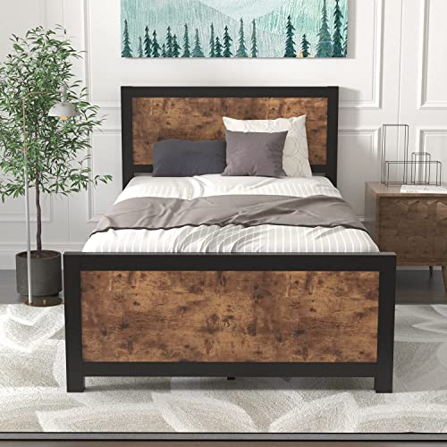 Catrimown Twin Size Metal Bed Frame with Rustic Brown Wooden Headboard，Mattress Foundation，Large Under Bed Storage，Metal Slat Support，No Box Spring Needed,Easy Assembly