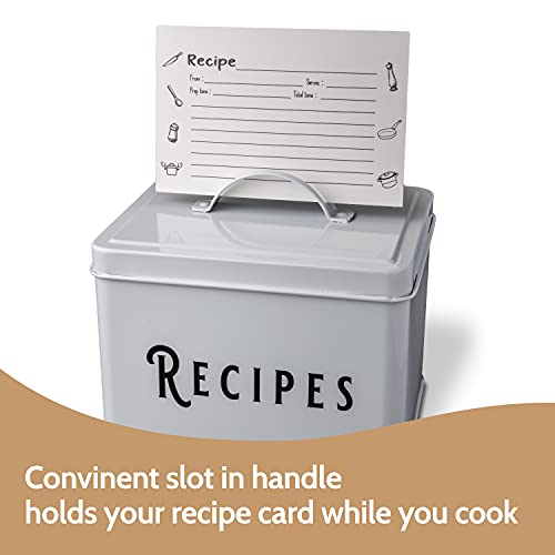 Large Farmhouse Metal Recipe Box With Cards And Dividers - White Vintage Tin Recipe Box With Card Holder In Handle. Comes With 80 4 X 6 Double Sided Recipe Cards And 20 Dividers.