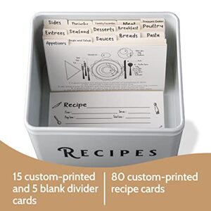 Large Farmhouse Metal Recipe Box With Cards And Dividers - White Vintage Tin Recipe Box With Card Holder In Handle. Comes With 80 4 X 6 Double Sided Recipe Cards And 20 Dividers.