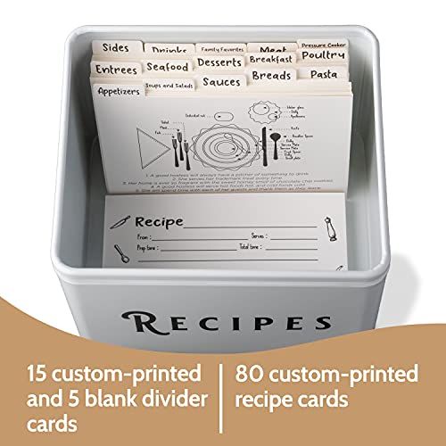 Large Farmhouse Metal Recipe Box With Cards And Dividers - White Vintage Tin Recipe Box With Card Holder In Handle. Comes With 80 4 X 6 Double Sided Recipe Cards And 20 Dividers.