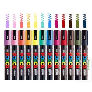 posca paint marker pastel & dark color set, mitsubishi uni poster color marking pen medium point (pc-5m) 12 color + loconeko original manual set