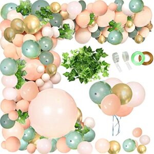 JULLIZ 148pcs Sage Olive Green Peach Blush Pink Balloon Garland Arch Kit with Ivy Leaves, Jungle Safari Shower Birthday Theme Party Decoration Supplies