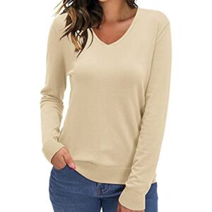 STYLEWORD Women's Lightweight V Neck Apricot Sweater Long Sleeve Pullover Knit Base Casual Loose Shirts Top(Apricot-M)