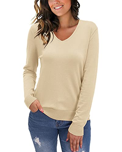 STYLEWORD Women's Lightweight V Neck Apricot Sweater Long Sleeve Pullover Knit Base Casual Loose Shirts Top(Apricot-M)