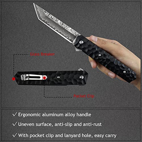 AUBEY Damascus Pocket Knife, Tanto VG10 Core Damascus Steel Folding Knives with Liner Lock, Ball Bearing, Aluminum Alloy Non-Slip Handle and Glass Breaker, EDC Damascus Knife for Men Women (Black)