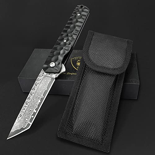 AUBEY Damascus Pocket Knife, Tanto VG10 Core Damascus Steel Folding Knives with Liner Lock, Ball Bearing, Aluminum Alloy Non-Slip Handle and Glass Breaker, EDC Damascus Knife for Men Women (Black)