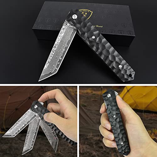 AUBEY Damascus Pocket Knife, Tanto VG10 Core Damascus Steel Folding Knives with Liner Lock, Ball Bearing, Aluminum Alloy Non-Slip Handle and Glass Breaker, EDC Damascus Knife for Men Women (Black)