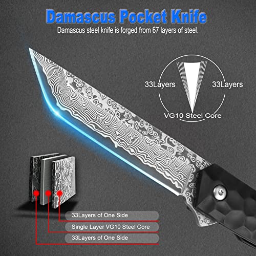 AUBEY Damascus Pocket Knife, Tanto VG10 Core Damascus Steel Folding Knives with Liner Lock, Ball Bearing, Aluminum Alloy Non-Slip Handle and Glass Breaker, EDC Damascus Knife for Men Women (Black)