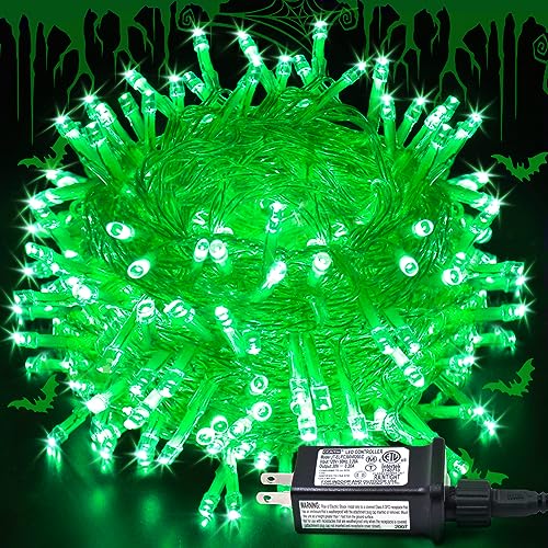 JMEXSUSS Halloween Decorations 33ft 100 LED Green Halloween Lights, 8 Modes Connectable Green Christmas Lights Clear Wire, Plug-in Green String Lights Indoor Outdoor Waterproof for Grinch, Christmas