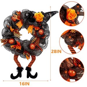yosager Halloween Wreaths, Halloween Decorations Witch Hat and Legs Wreath, Lighted with 30 LED Orange Lights, Front Door Wall Light up Wreath Ornaments Holiday Party Thanksgiving Decor