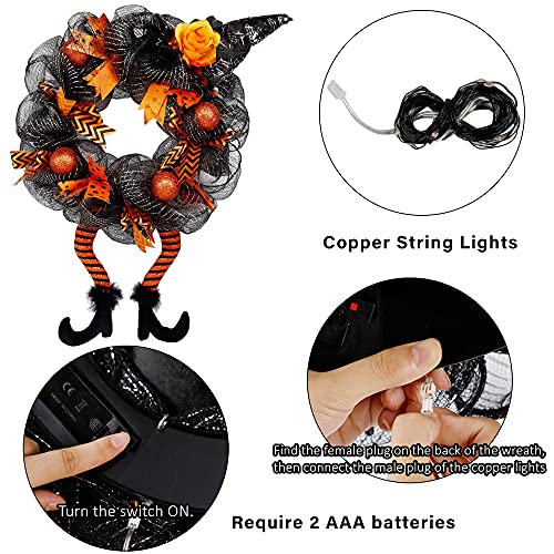 yosager Halloween Wreaths, Halloween Decorations Witch Hat and Legs Wreath, Lighted with 30 LED Orange Lights, Front Door Wall Light up Wreath Ornaments Holiday Party Thanksgiving Decor