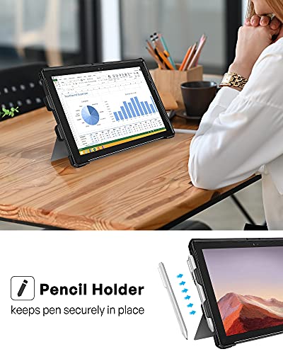 ProCase Case for 12.3" Microsoft Surface Pro 7 Plus, Pro 7, Pro 6, Pro 5, Pro 2017, Pro 4, Pro LTE, Rugged Protective Cover with Pencil Holder, Hand Strap, Compatible with Type Cover Keyboard -Black