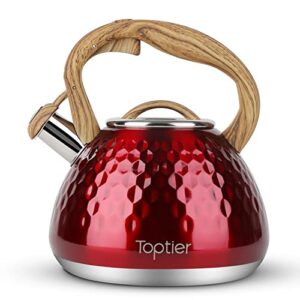 tea kettle, toptier teapot whistling kettle with wood pattern handle loud whistle, food grade stainless steel tea pot for stovetops induction diamond design water kettle, 2.7-quart red