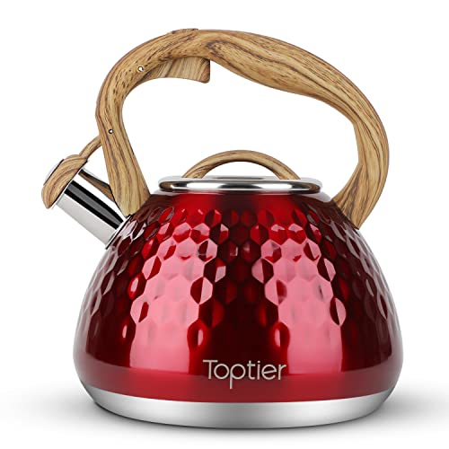 Tea Kettle, Toptier Teapot Whistling Kettle with Wood Pattern Handle Loud Whistle, Food Grade Stainless Steel Tea Pot for Stovetops Induction Diamond Design Water Kettle, 2.7-Quart Red